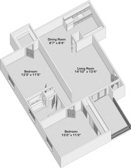 Floor plan for 2 beds, 1 bath, 952 sqft